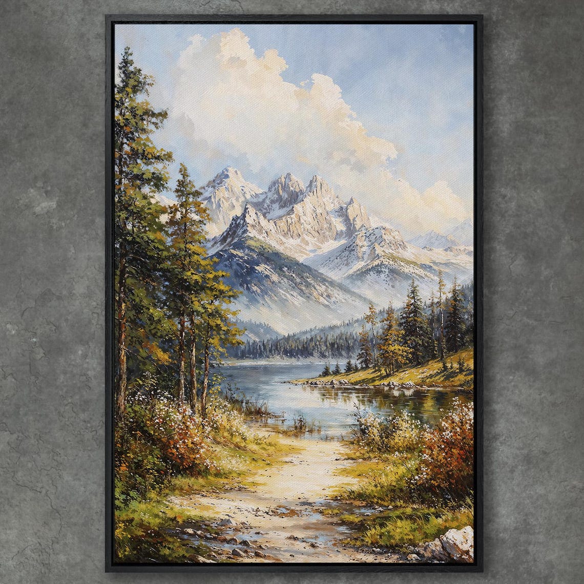 Snowy Mountain Peaks Above Calm Lake With Forest Path Poster