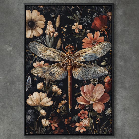 Dragonfly Framed Print Botanical And Floral Wall Art Insect Art With Large Vibrant Blooms Perfect Dragonfly Decor Ready To Hang