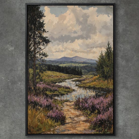 Wild Nature Landscape Framed Print Mountain Range And River Painting Beautiful Pastoral Scene Living Room Decor Ready To Hang