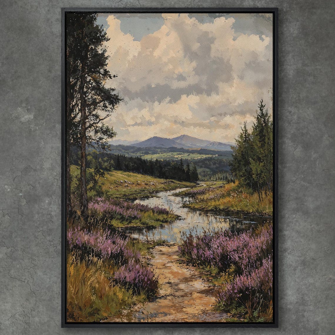 Winding River Through Purple Heather Moorland and Hills Poster