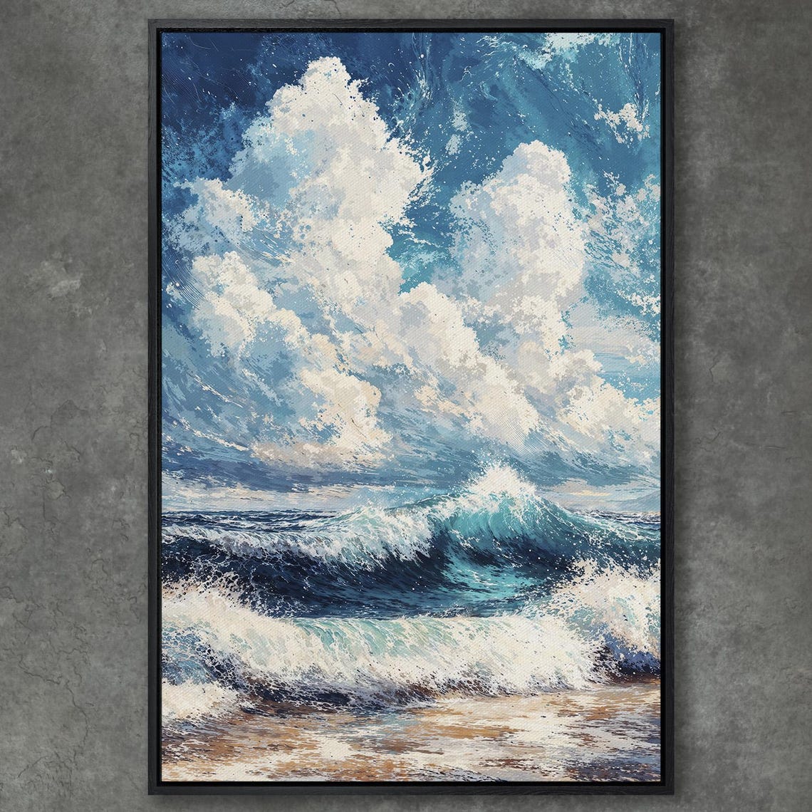 Turquoise Cresting Wave With Dramatic White Clouds Seascape Poster