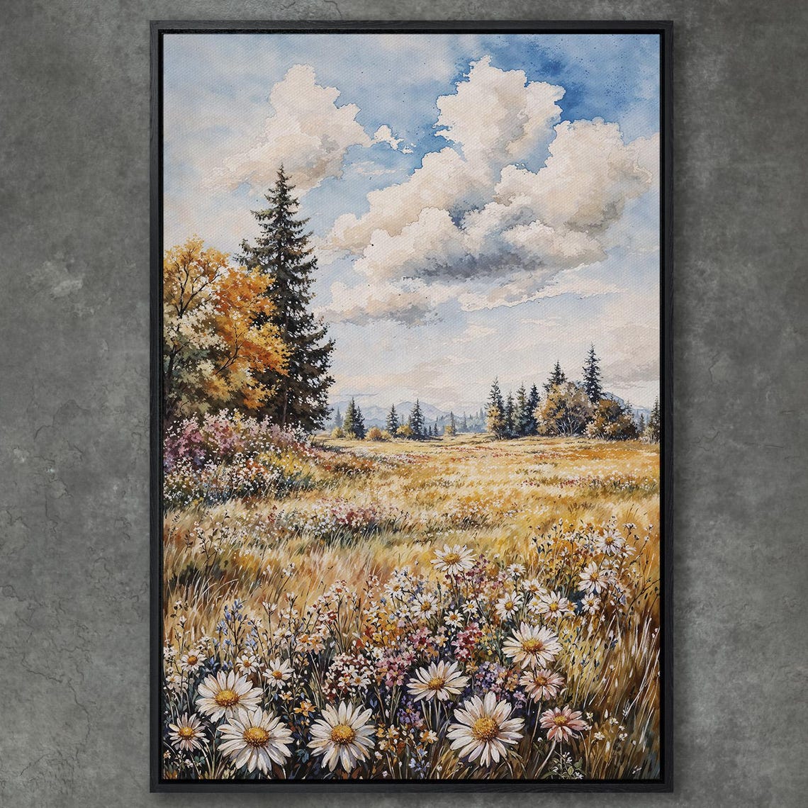 Golden Daisy Meadow With Pine Trees and Mountain View Poster
