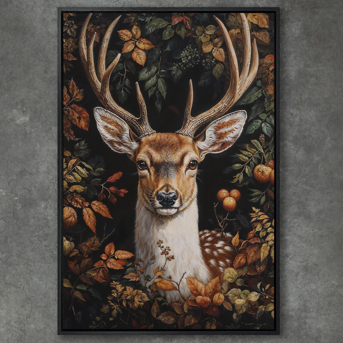 Noble Deer Buck Portrait Among Autumn Leaves on Dark Art Poster