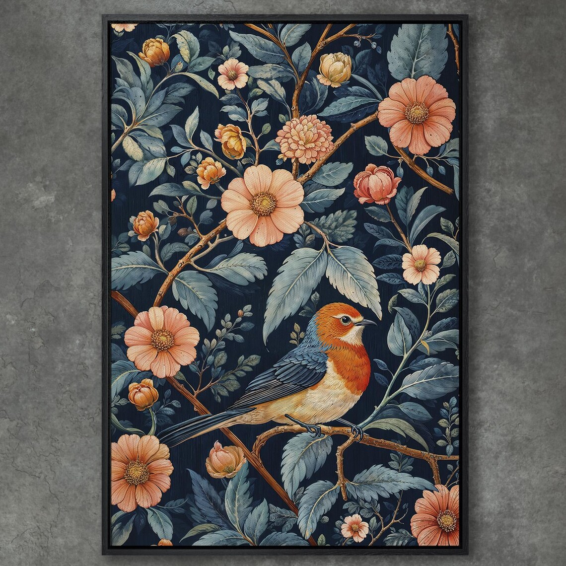 William Morris Style Bird Among Flowers on Navy Vintage Floral Poster