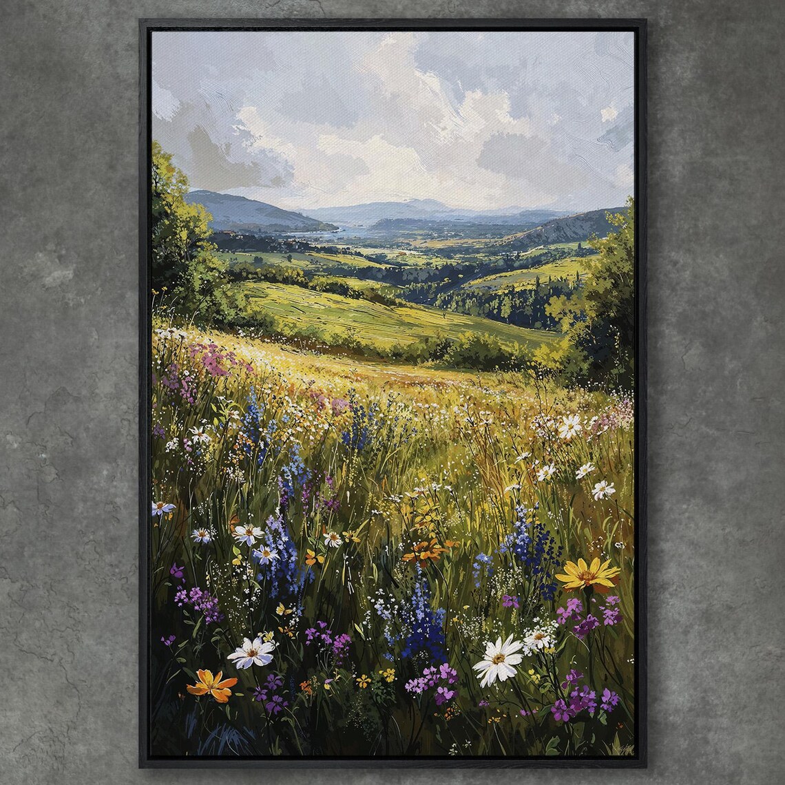 Sunlit Wildflower Meadow Overlooking a Green Valley Vista Poster