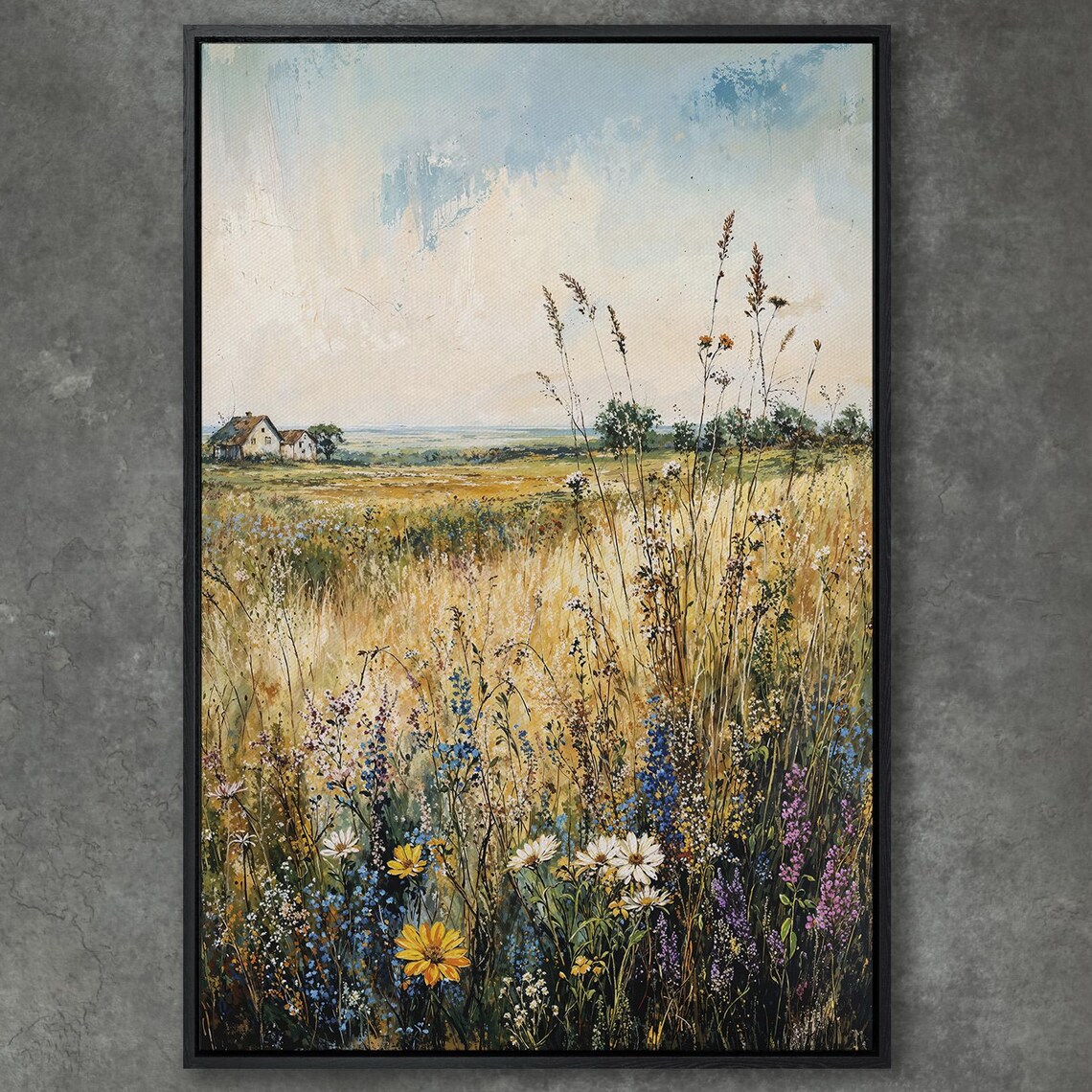 Summer Wildflower Meadow With Distant Farmhouse and Sky Poster