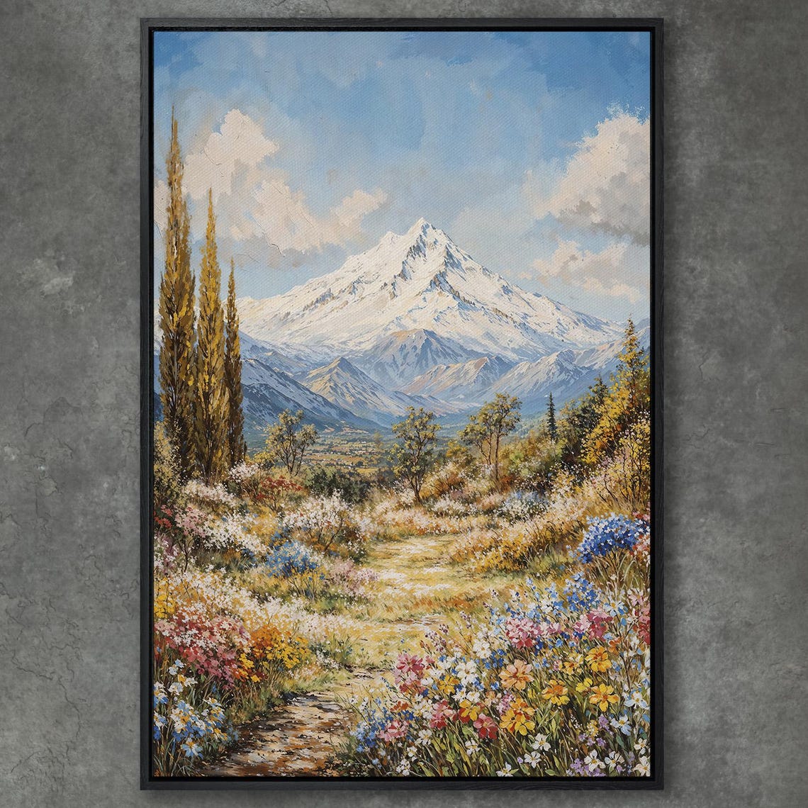 Snow Capped Mountain Path Through Colorful Wildflower Meadow Poster
