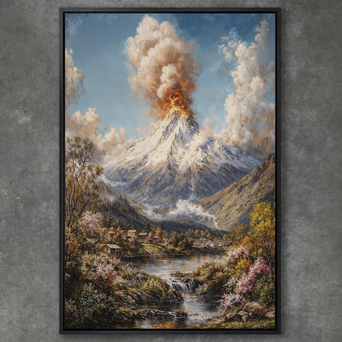 Volcanic Eruption Dramatic Landscape Mountain Art Framed Print Wall Art Rustic Nature Art Large Wall Art Ready To Hang