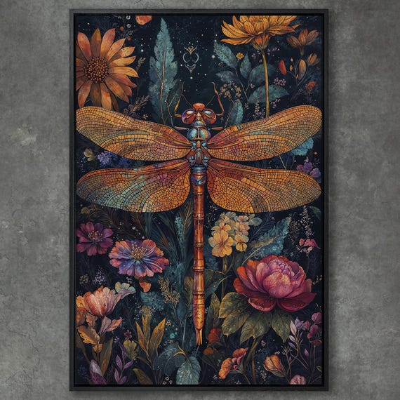 Dragonfly And Floral Botanical Art Framed Print Large Wall Art Nature Print For Bedroom Decor Holiday Gift For Her Ready To Hang