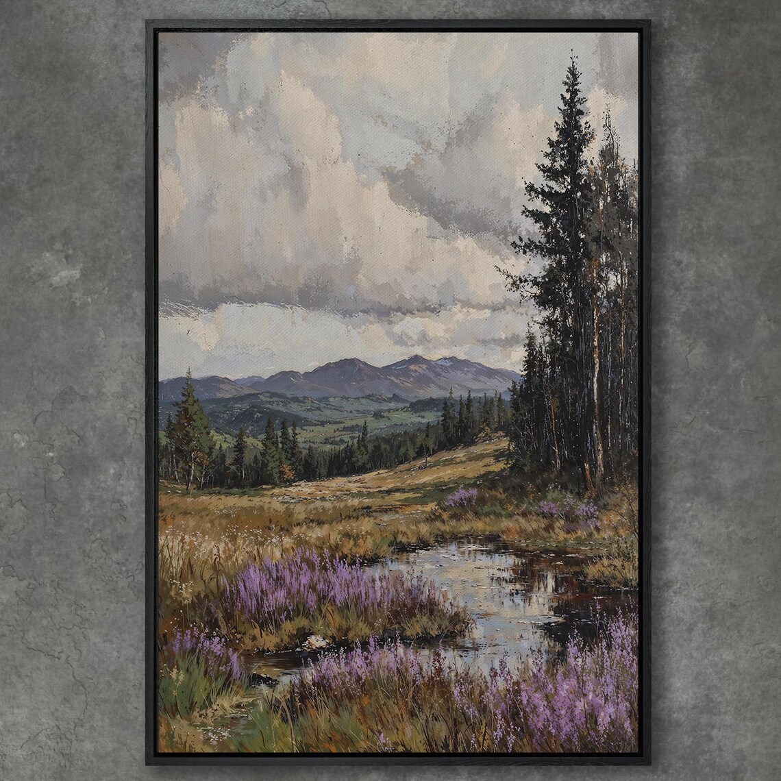 Mountain Serenity Tranquil Landscape Nature Wall Art Framed Print Scenic View Forest Painting Home Decor Ready To Hang