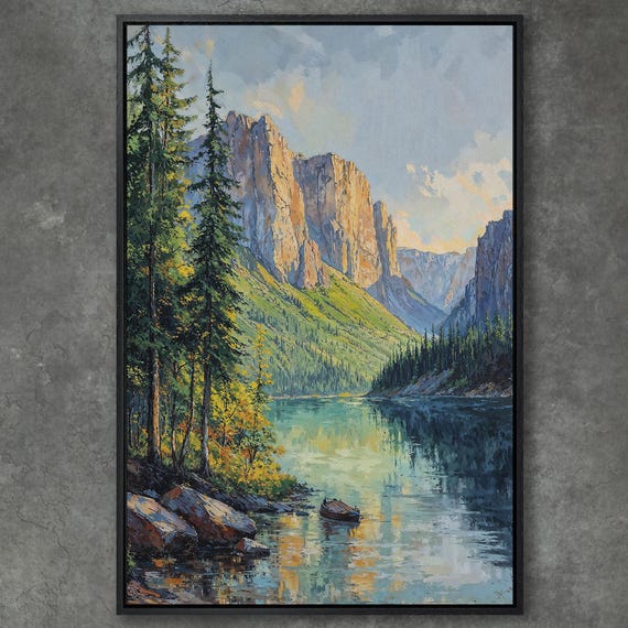 Tranquil Mountain Lake Landscape Nature Painting Framed Print Landscape Wall Art Large Artwork Ready To Hang Gift Idea For Dad