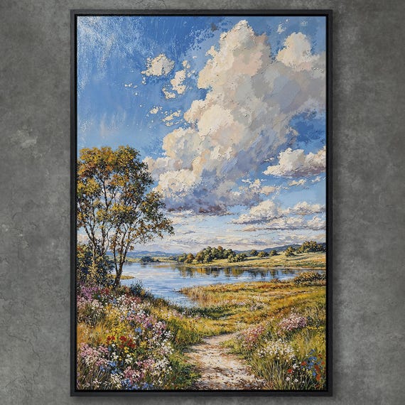 Countryside Landscape Framed Print Large Wall Art Pastoral Scene Lake And Sky Painting Nature Living Room Decor Ready To Hang