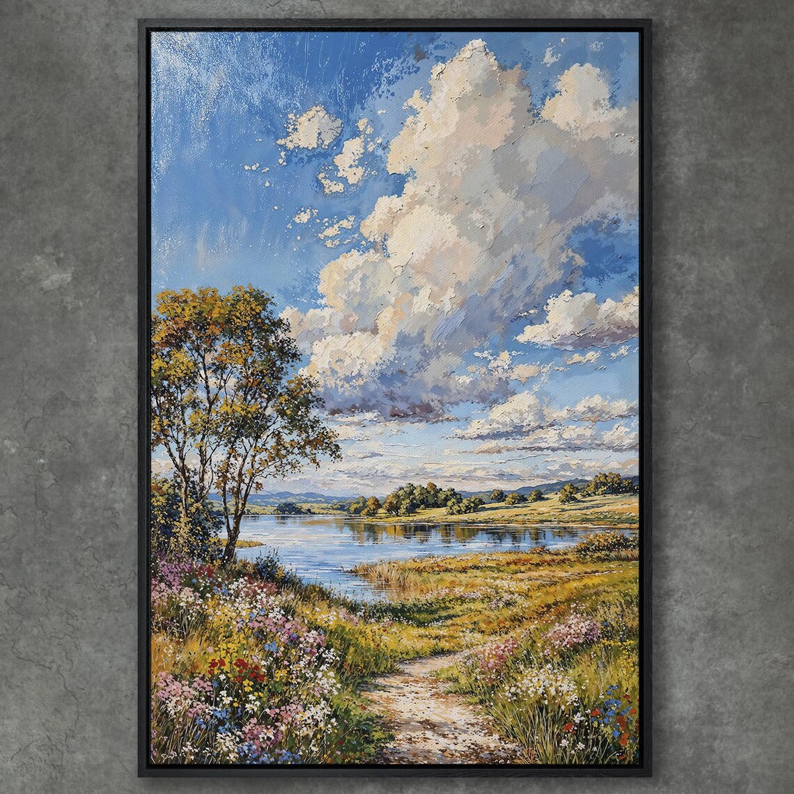 Sunny Countryside Lake With Wildflower Path and Big Sky Poster