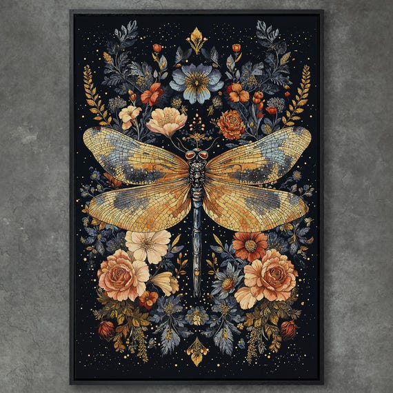 Dragonfly And Floral Botanical Art Framed Print Large Dragonfly Wall Art Nature Inspired Bedroom Decor Floral Gift Idea