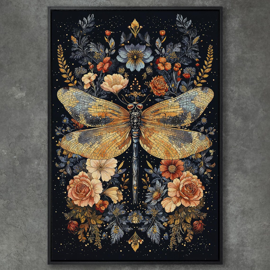 Golden Dragonfly With Ornate Rose Wreath Night Garden Poster