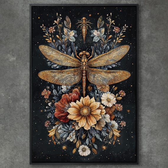 Vintage Botanical Dragonfly Framed Print Nature Wall Art Large Floral Insect Print For Bedroom Decor Ready To Hang Gift