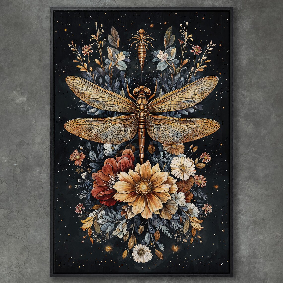 Bronze Dragonfly With Nymph in Autumn Bouquet on Black Poster