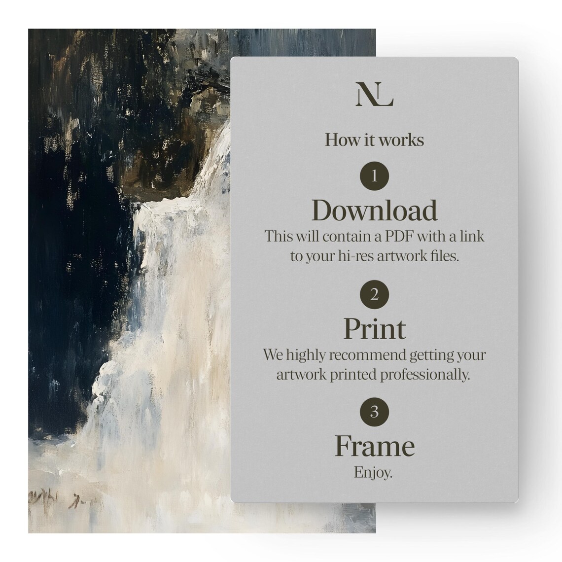 Waterfall In White And Ivory Tones Moody Nature Painting Poster - Image 4