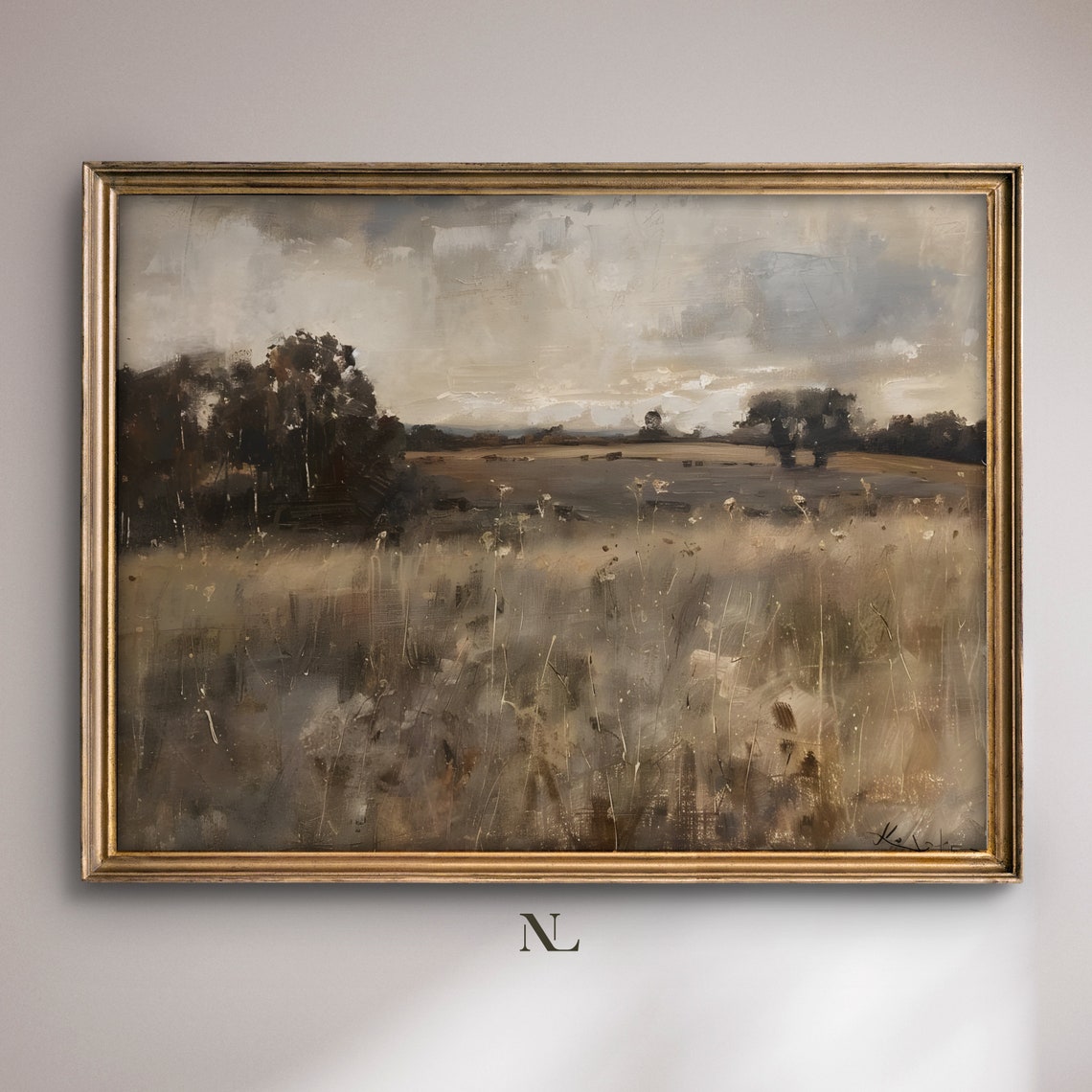 Serene Golden Field Landscape With Trees Under Cloudy Sky Poster