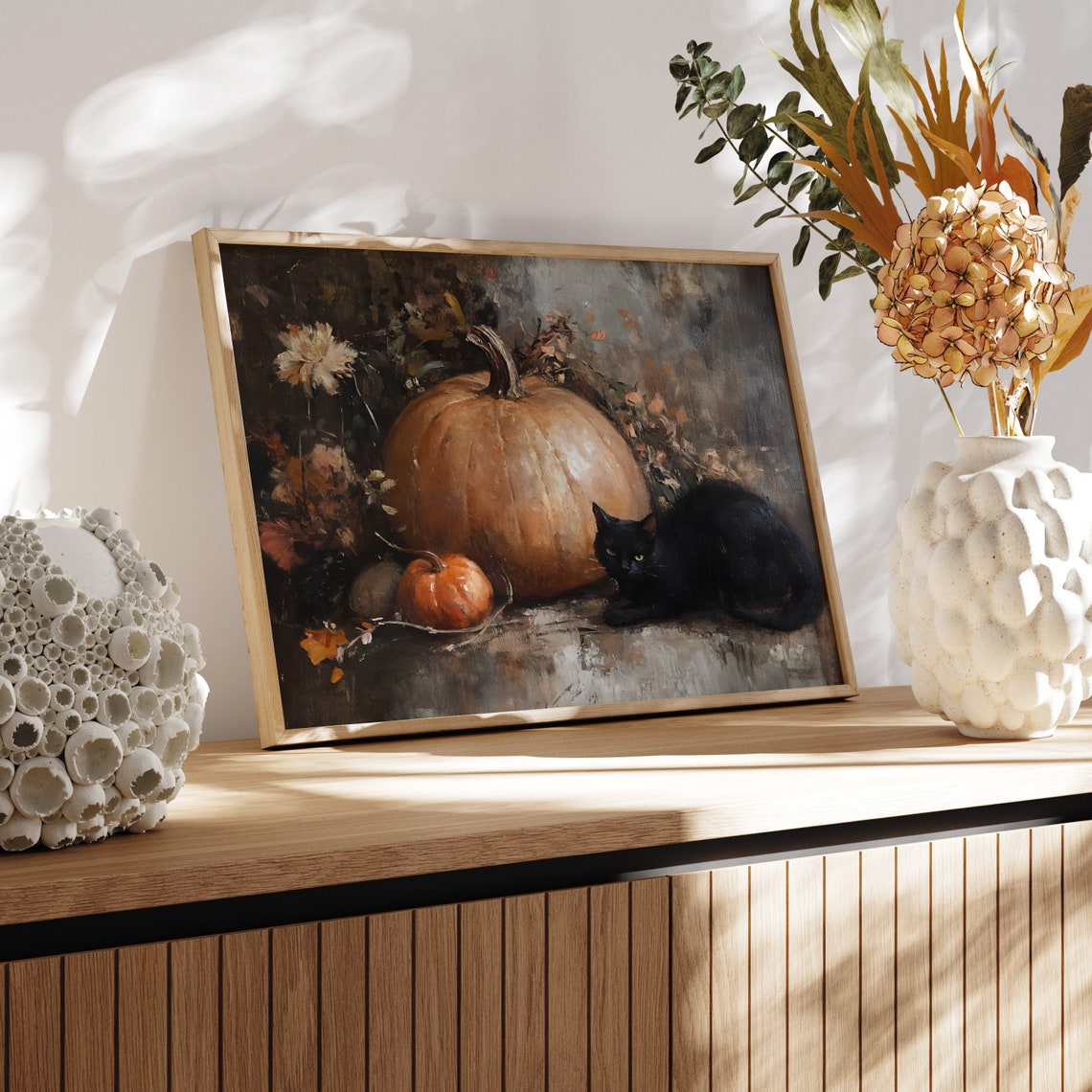 Black Cat With Pumpkins And Autumn Flowers Fall Still Life Poster - Image 2