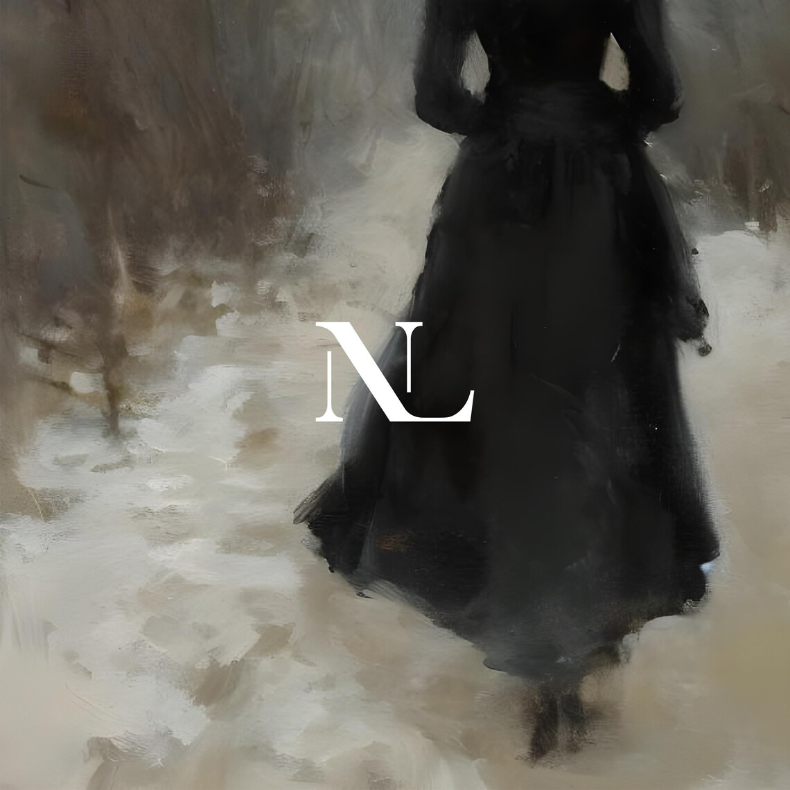 Woman In Black Dress Walking Snowy Path Moody Winter Painting Poster - Image 3