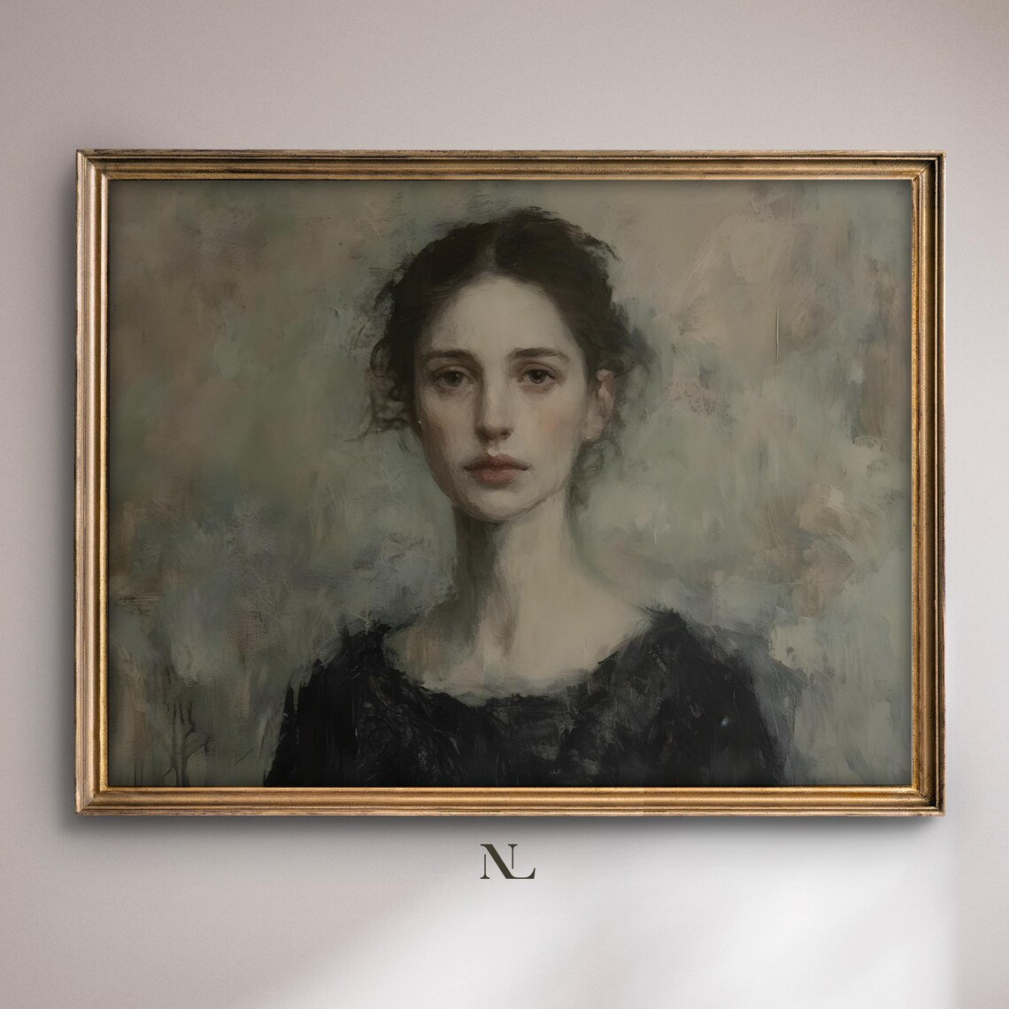Moody Woman Portrait Dark Dress Soft Gaze Vintage Oil Poster