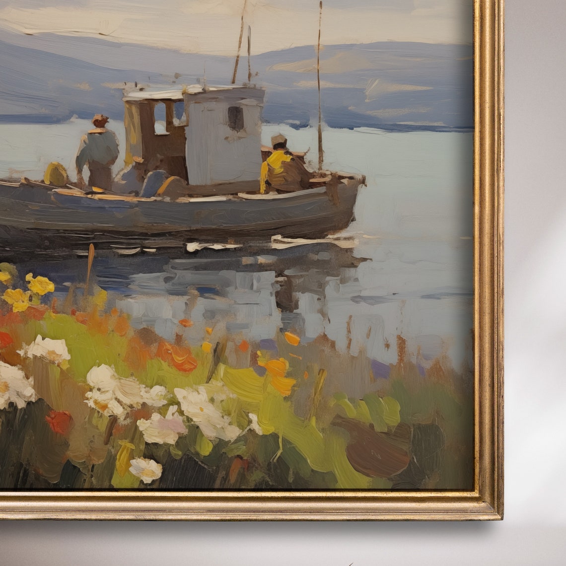 Fishing Boat Crew Wildflower Shore Mountain Lake Painting Poster - Image 7