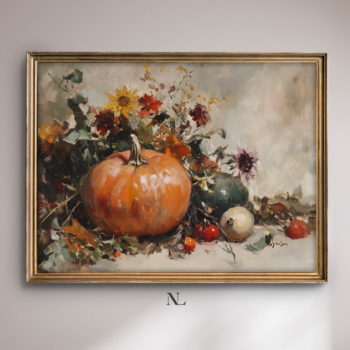 Pumpkin With Sunflowers And Wildflowers Harvest Still Life Poster