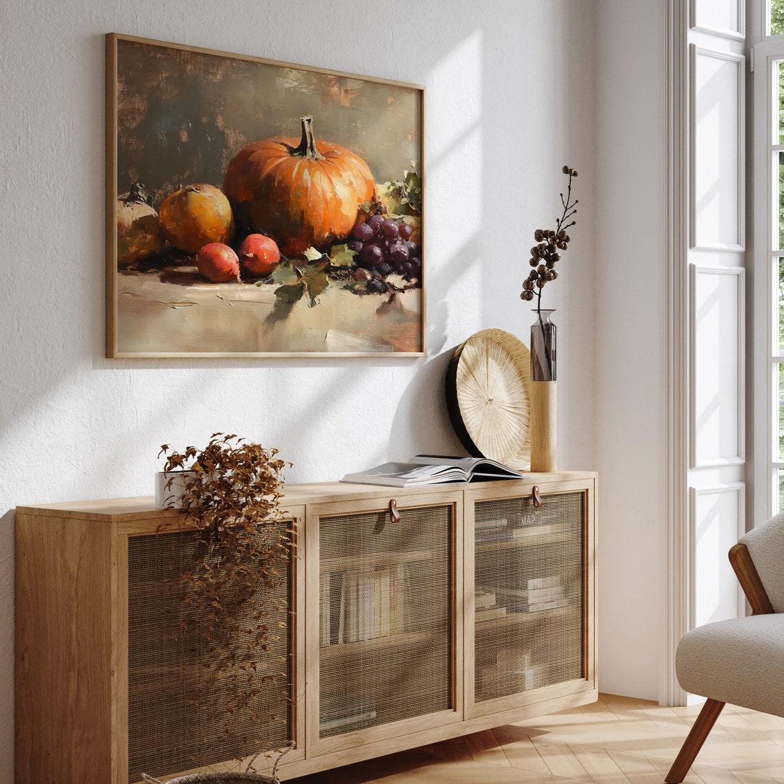 Pumpkin Still Life With Grapes And Peaches Fall Harvest Oil Poster - Image 5