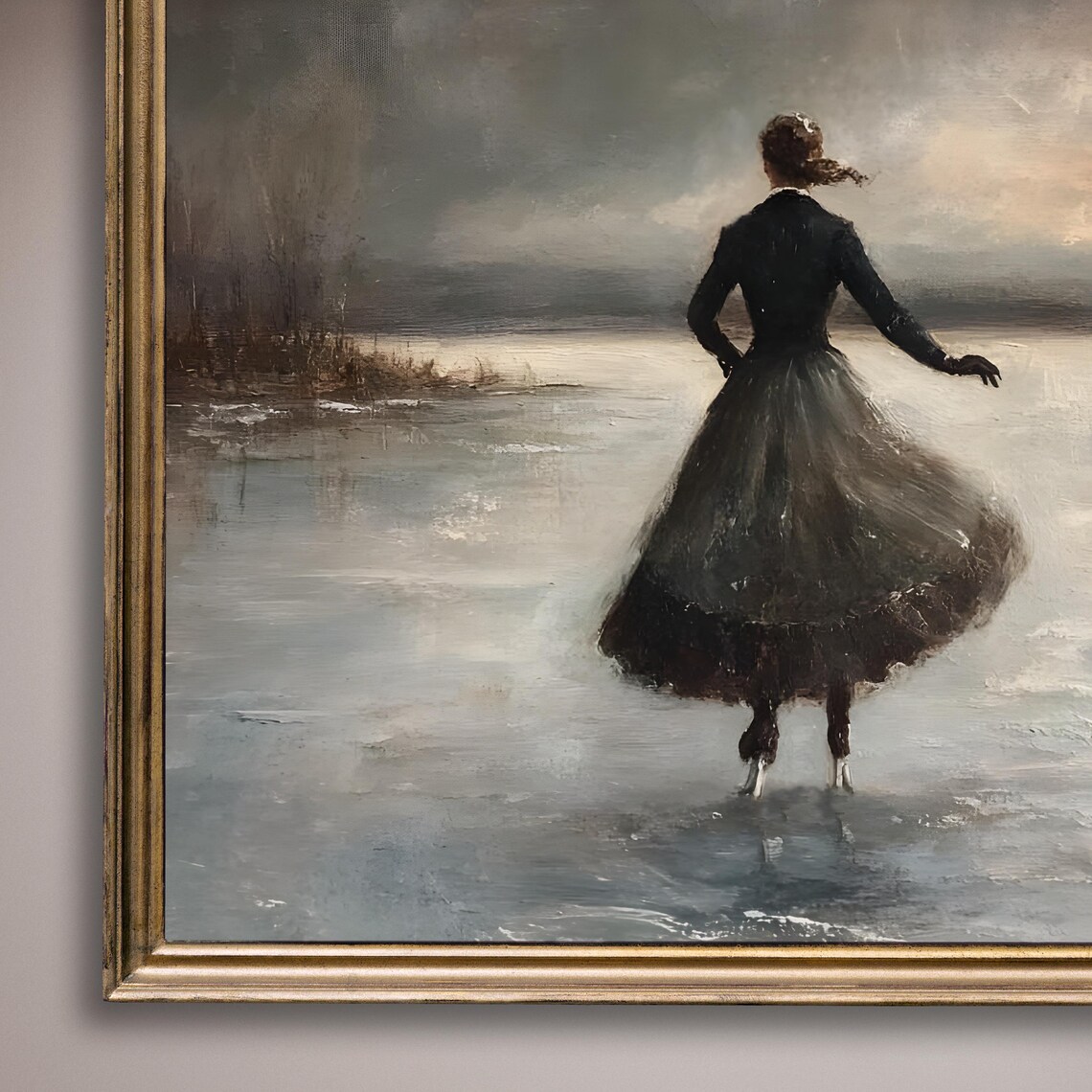 Woman Ice Skating Frozen Lake Dramatic Winter Sky Painting Poster - Image 8