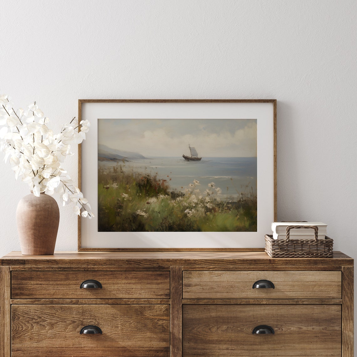 Sailboat On Calm Sea Wildflower Cliff Coastal Painting Poster - Image 4