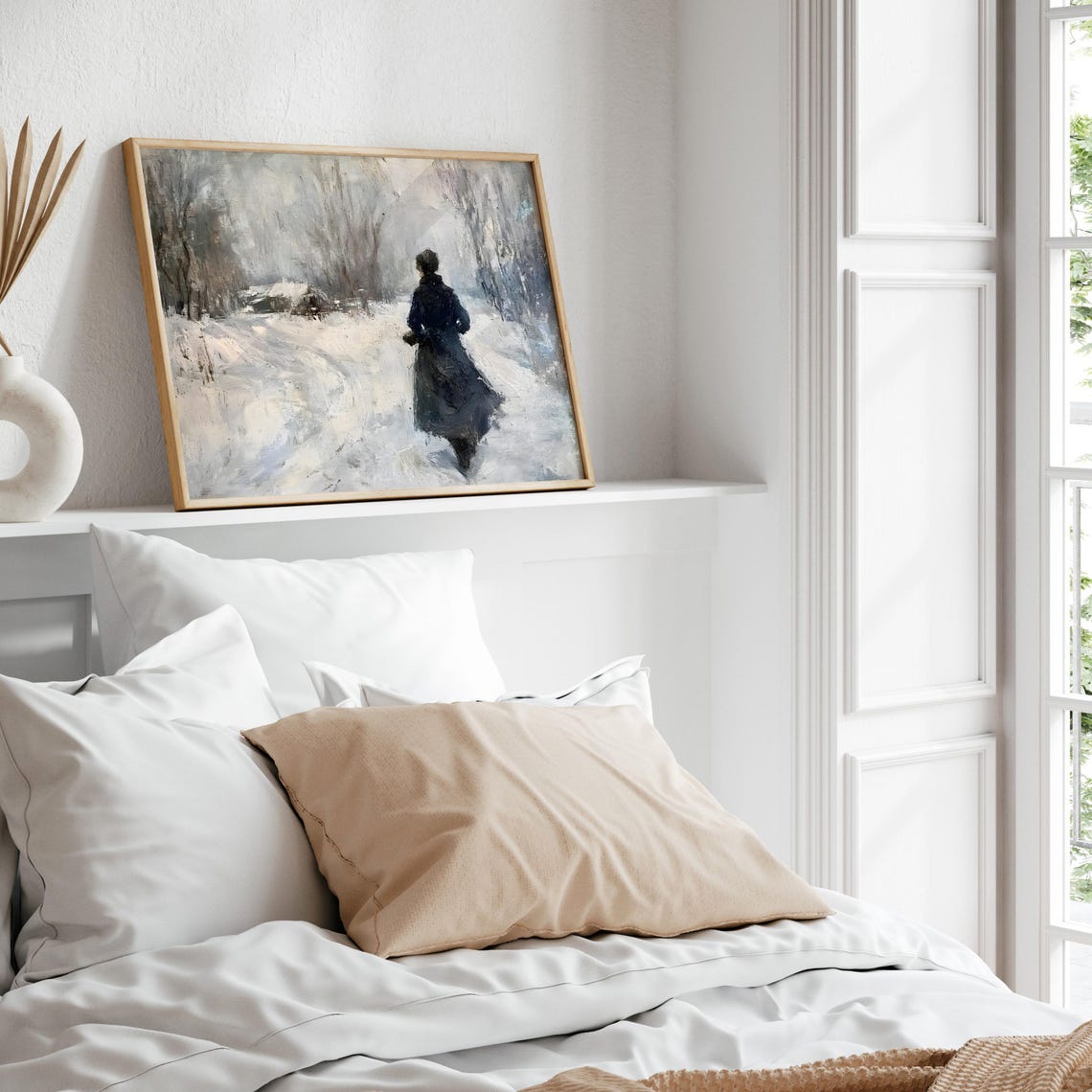 Wall Art Winter Scene Of Woman In Snowy Landscape Moody Home Decor Rustic Vintage Oil Painting Cosy Farmhouse Impressionist Print - Image 6