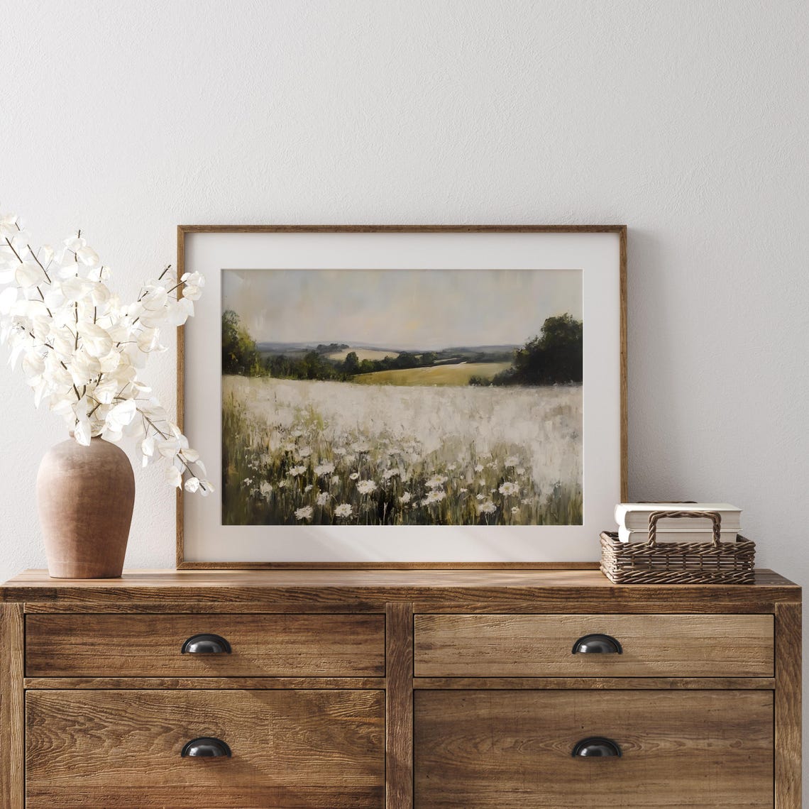Country Farmhouse Landscape White Flowers Field Vintage Wall Art Moody Art Print Painting Country Decor - Image 3