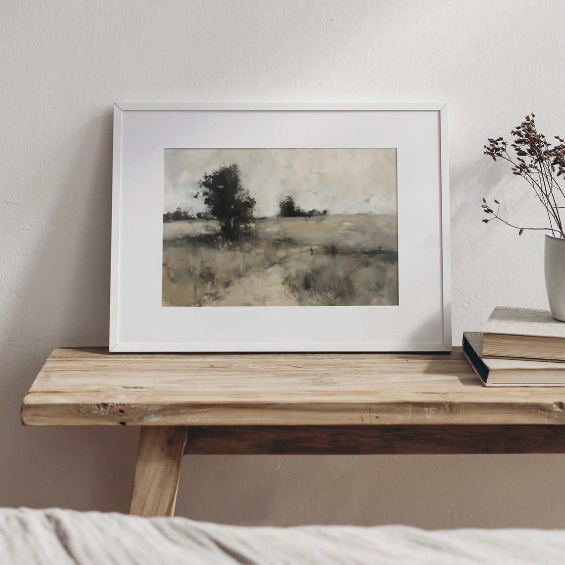 Minimalist Neutral Landscape Lone Tree Misty Field Artwork Poster - Image 3