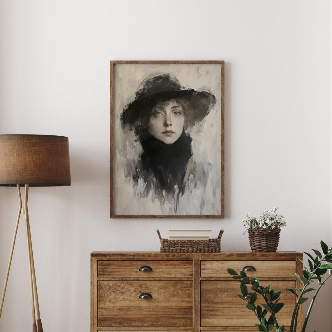Woman In Black Hat Moody Monochrome Impressionist Portrait Poster - Image 2