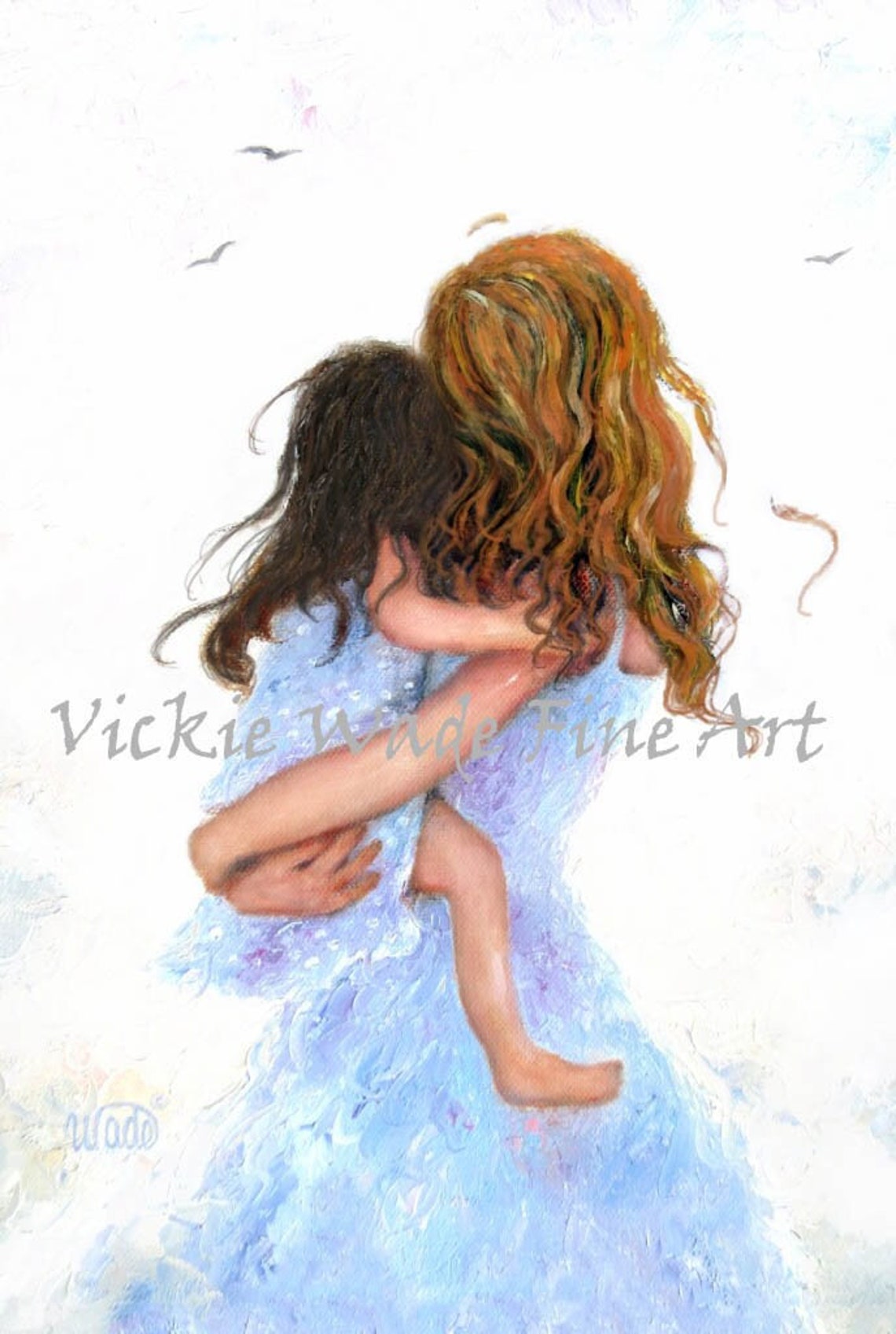 Redhead Mother and Daughter Hugging Face to Face at the Beach Poster