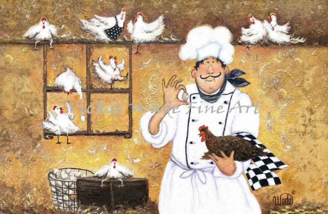 Jolly Fat Chef Holding a Hen Among His Roosting Chickens Poster