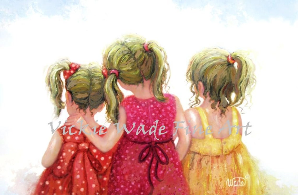 Three Blonde Sisters With Ponytails In Summer Dresses Art Poster