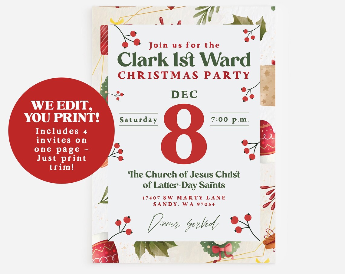 LDS Christmas Party Invite Poster, Holiday Event