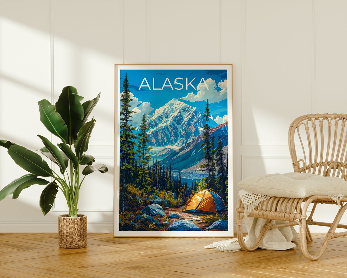 Alaska Snowy Mountain Daytime Forest Tent Campsite View Travel Poster - Image 2