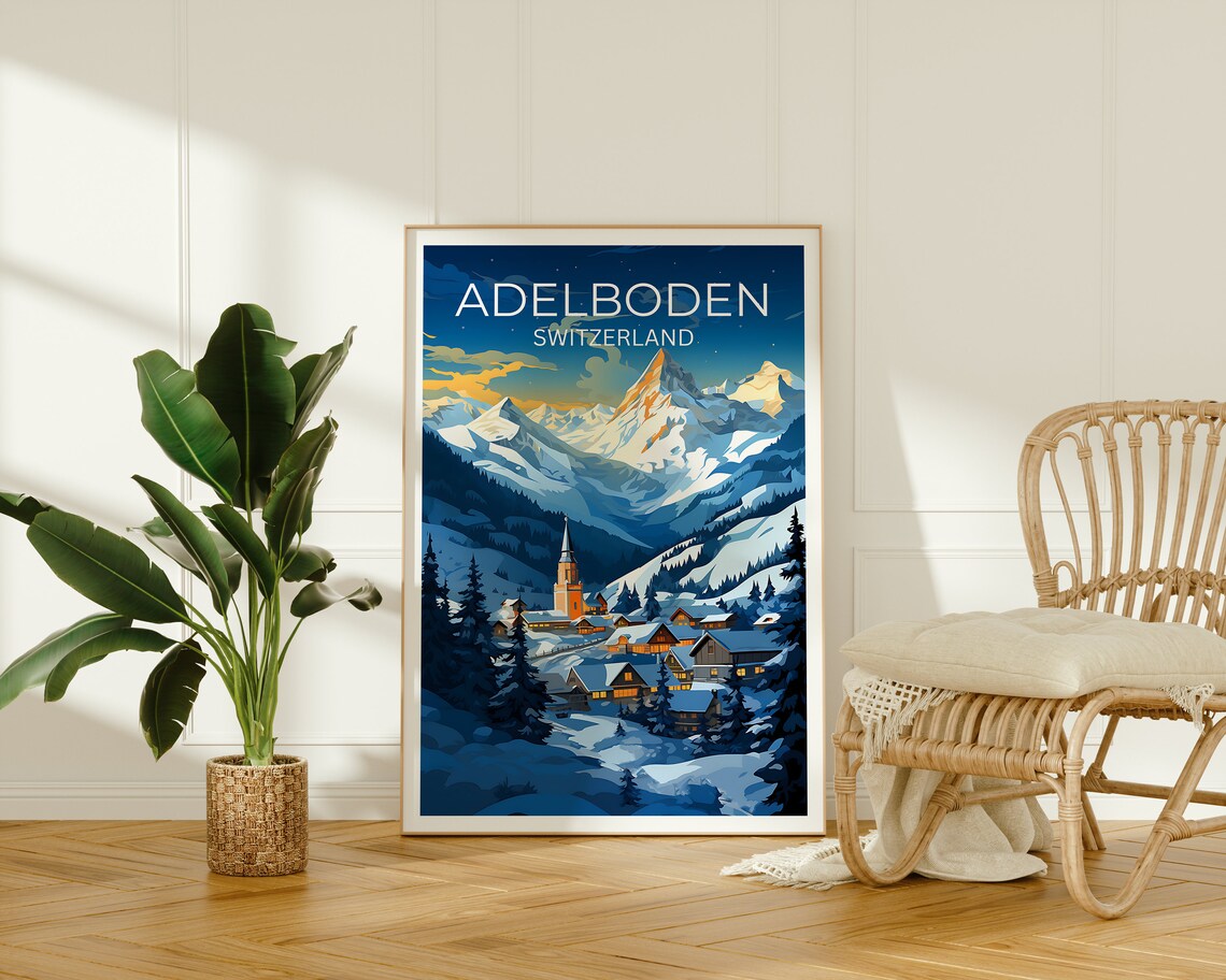 Adelboden Switzerland Snowy Alpine Village Church Night Lights Poster - Image 2