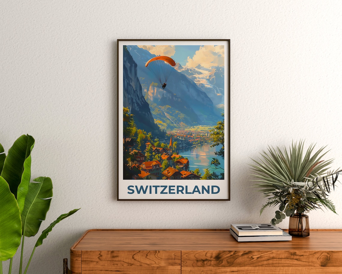 Switzerland Travel Poster, Paragliding Swiss Village - Image 3