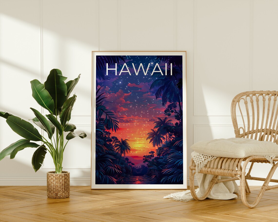 Hawaii Tropical Palm Jungle Sunset Starry Night Island Travel Poster - Image 2