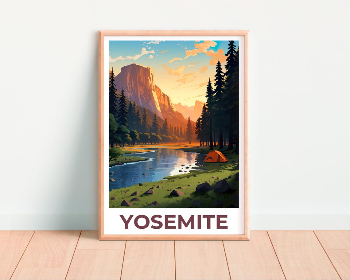 Yosemite Granite Cliffs River Campground at Golden Hour Travel Poster - Image 2