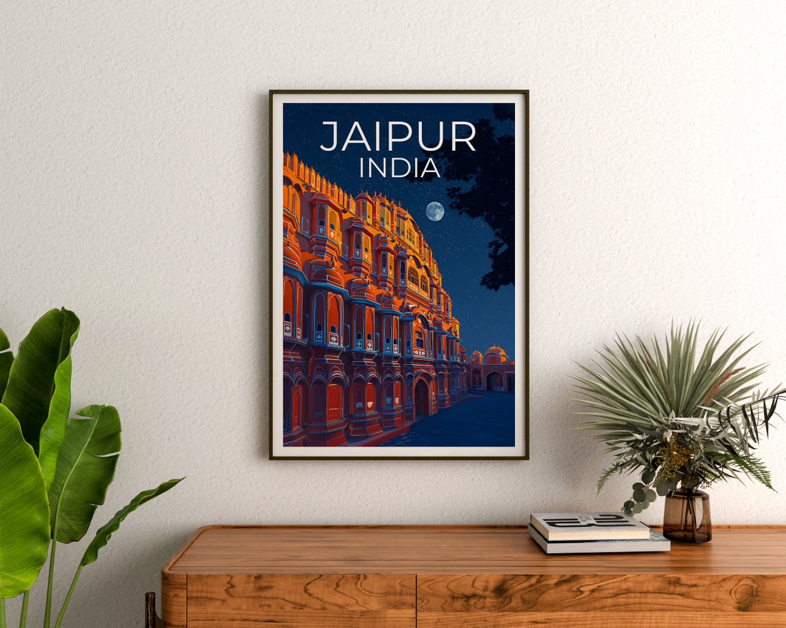 Jaipur India Hawa Mahal Palace Moonlit Night Pink City Travel Poster - Image 3