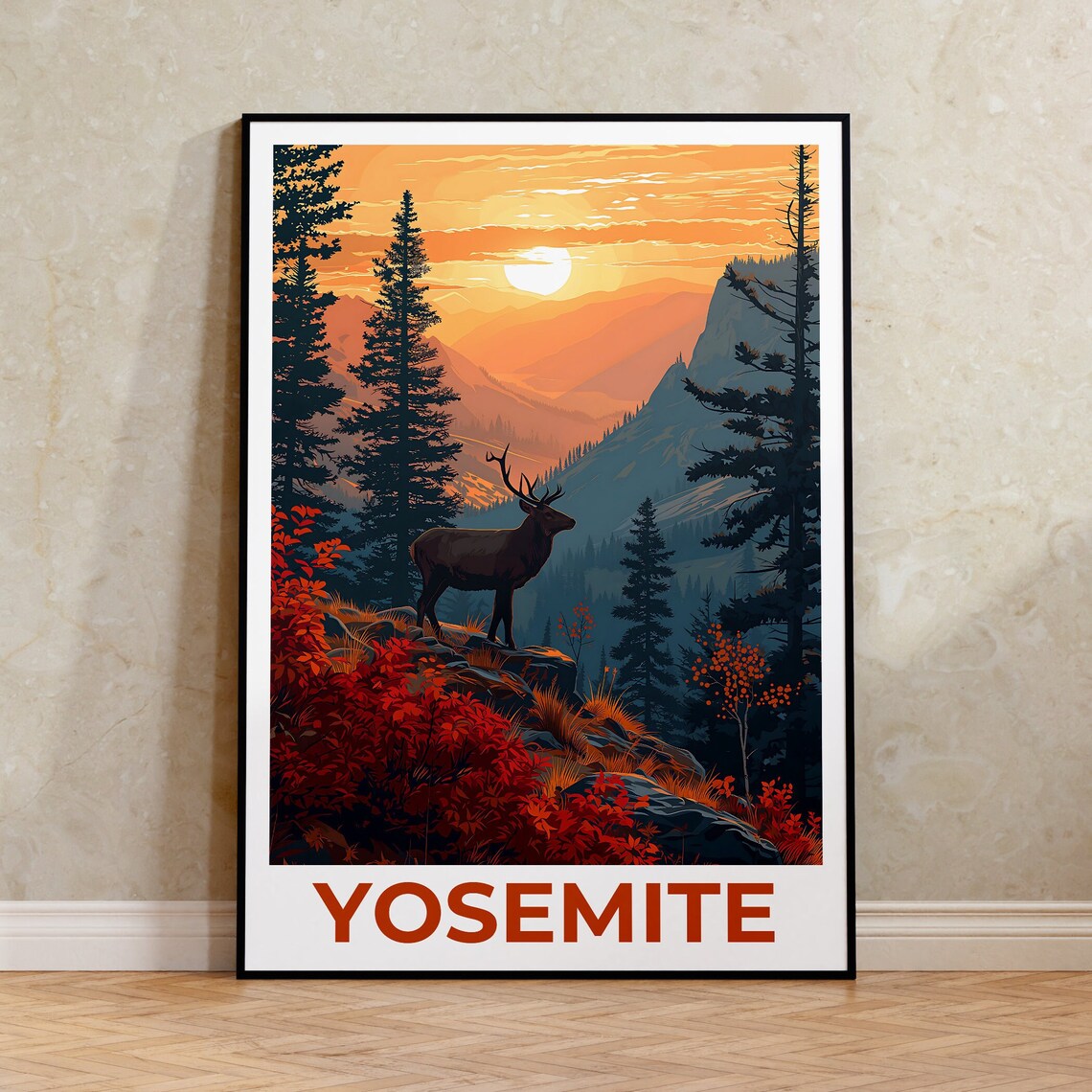 Yosemite Deer Forest Travel Poster, Wall Art Print