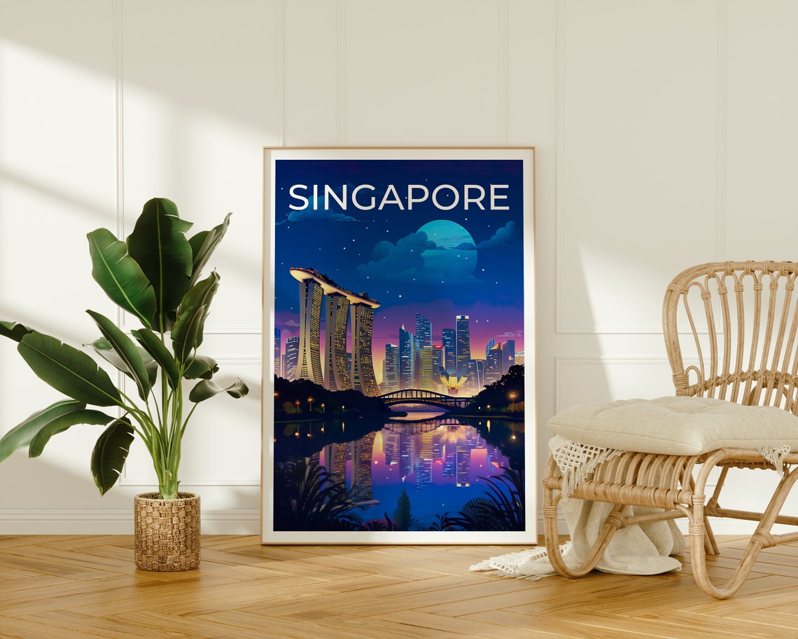 Singapore Marina Bay Sands Night Skyline Moonlit Bay View Poster - Image 2