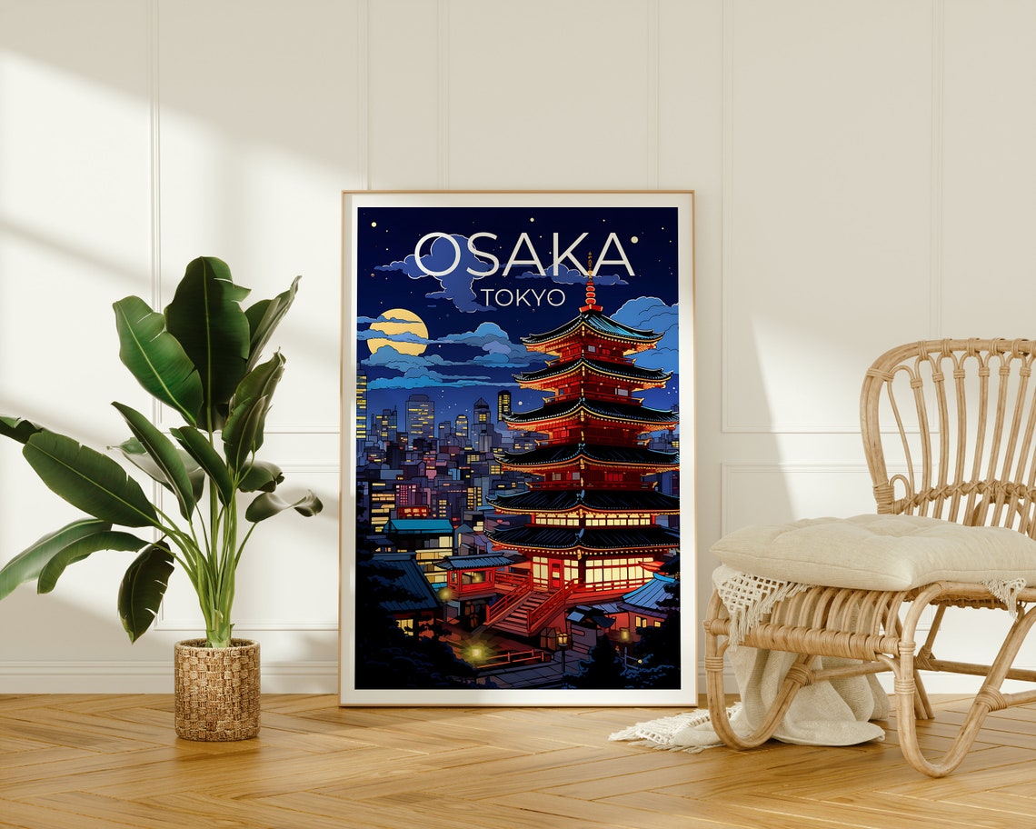Osaka Japan Five Story Pagoda Night Skyline Moon View Poster - Image 2