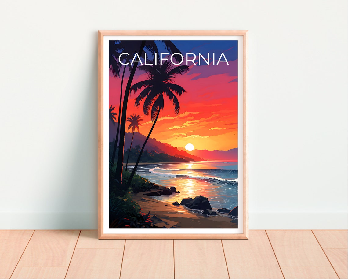 California Beach Sunset Palm Silhouettes Ocean Waves Shore Poster - Image 4