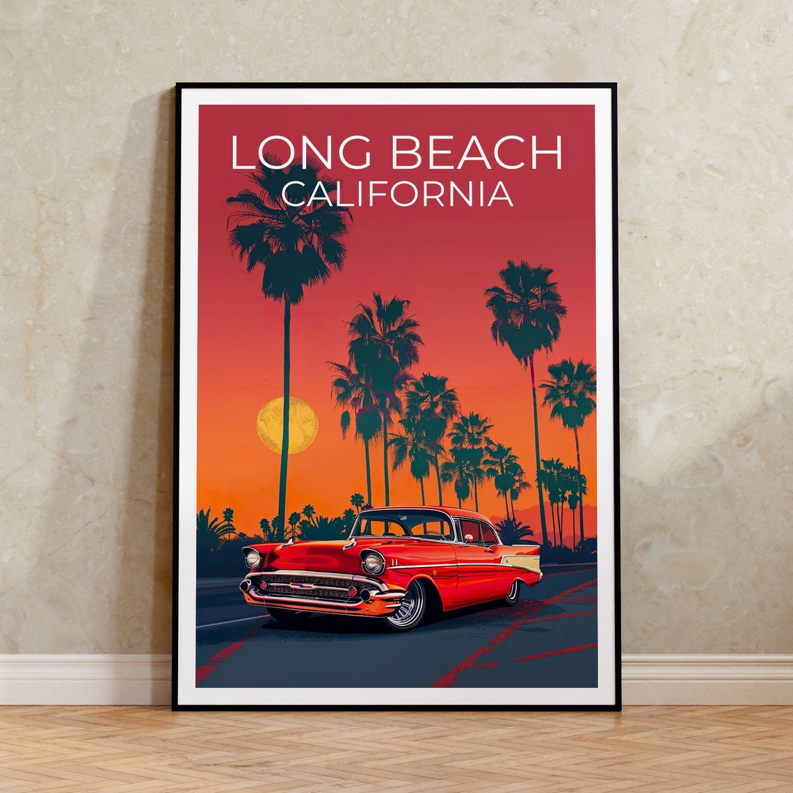 Long Beach California Classic Car Sunset Palm Trees Retro Poster